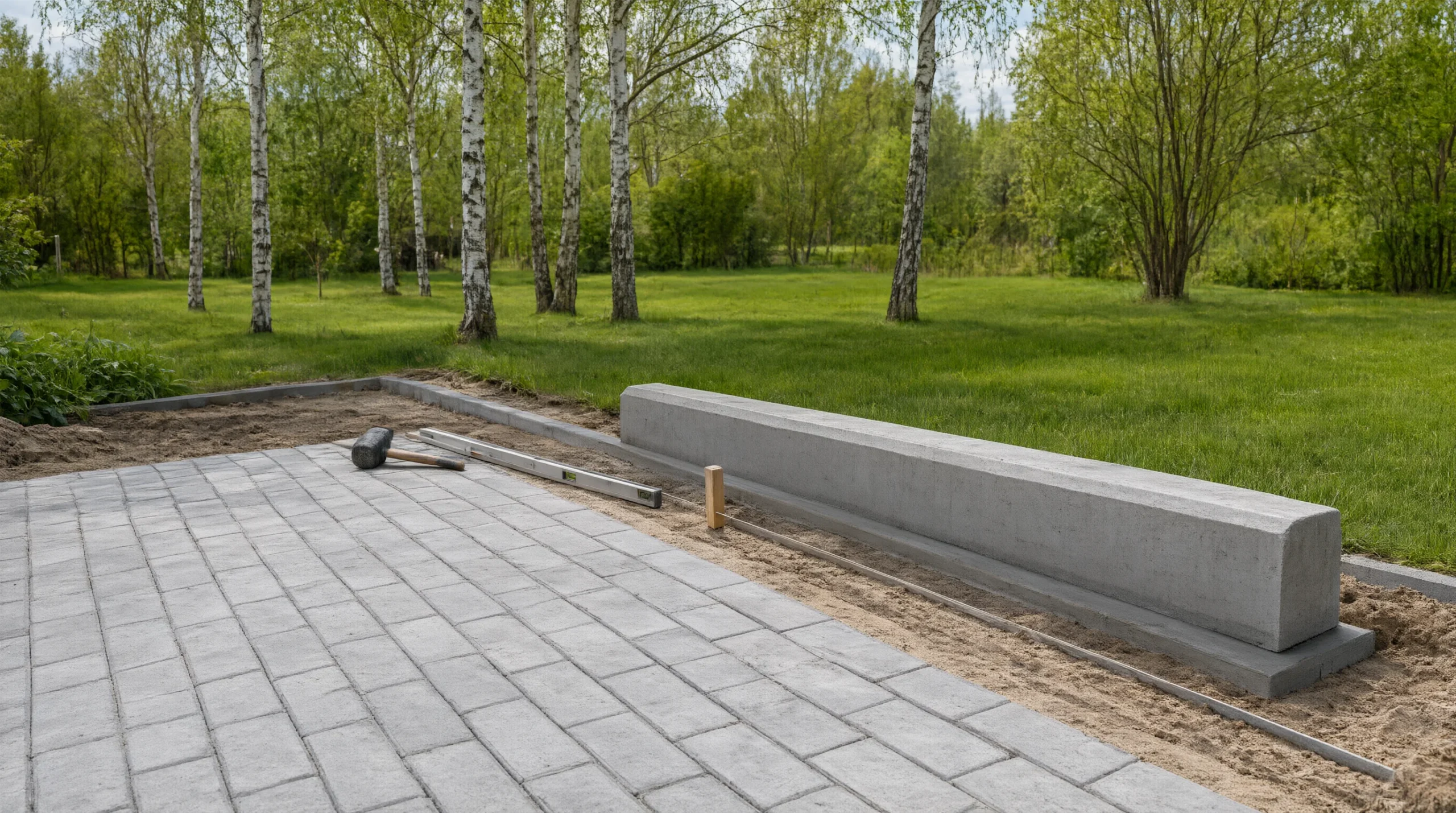 установка бордюра на бетонный упор при укладке тротуарной плитки
